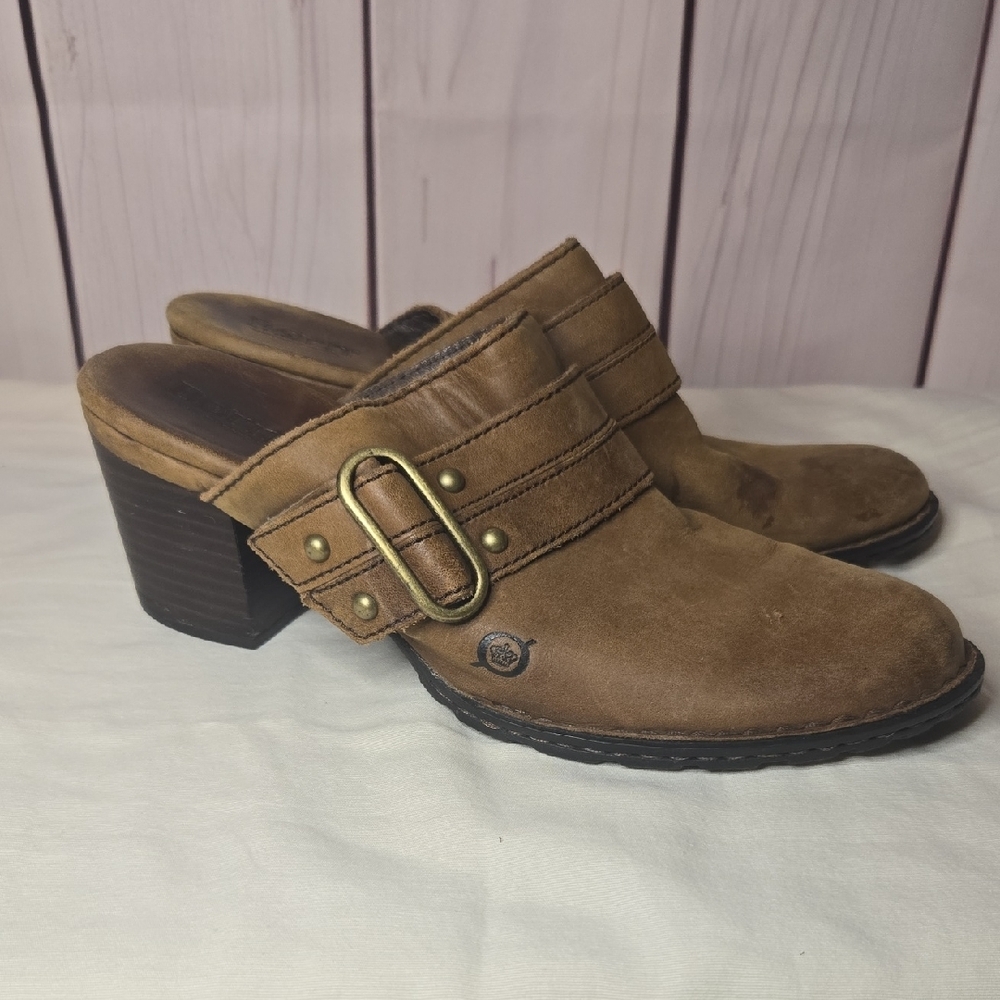Born Tan Leather Heeled Mules with Buckle Size 7